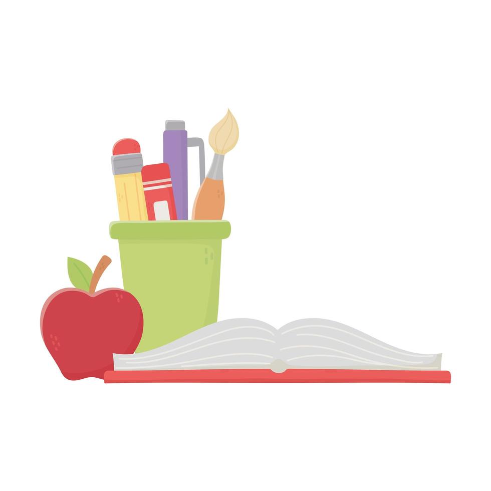 Libro escolar aislado manzana y lápices taza diseño vectorial vector