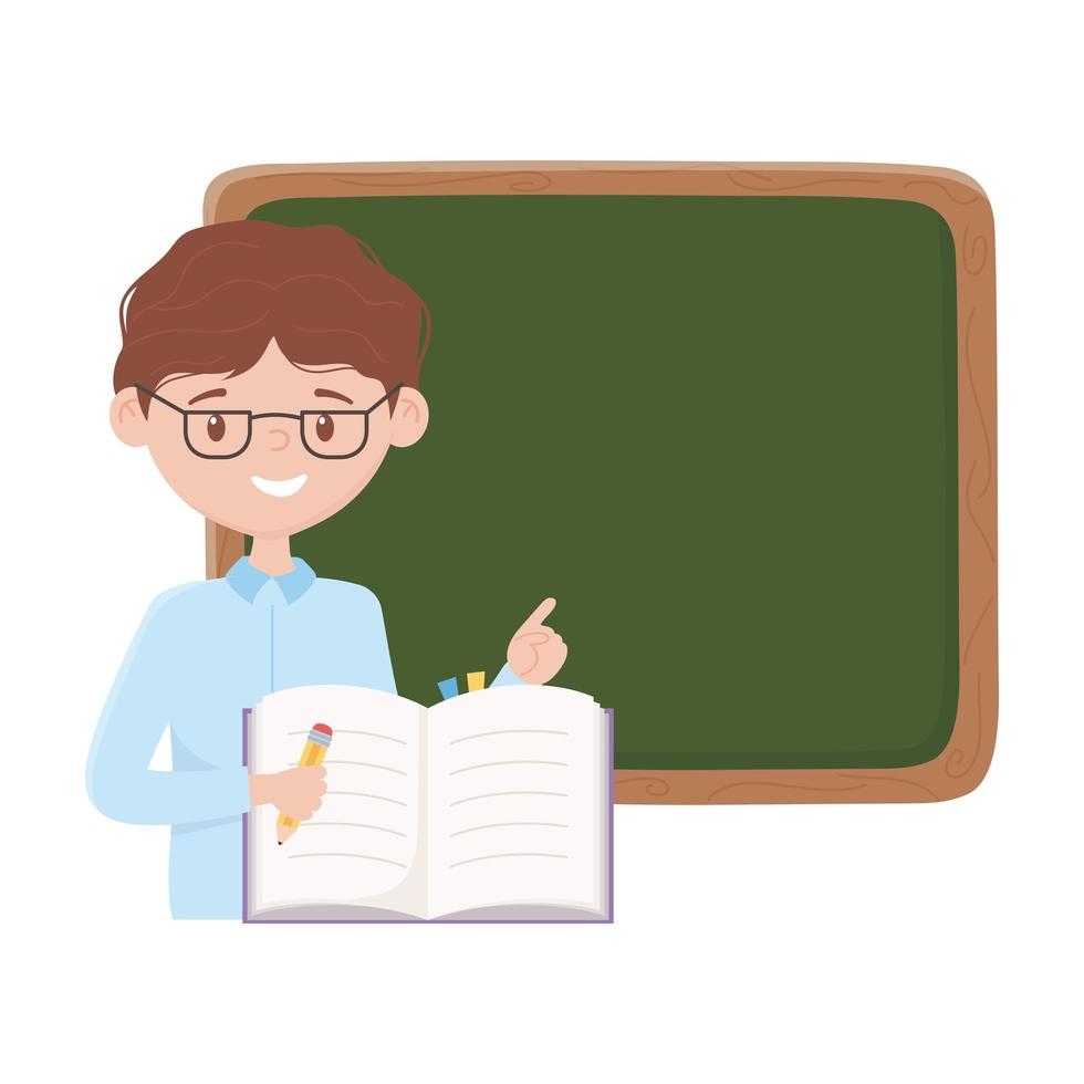 School boy with pencil board and book vector design