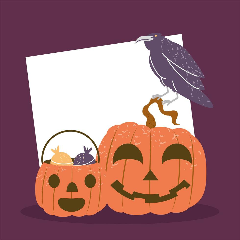 halloween pumpkins and raven vector