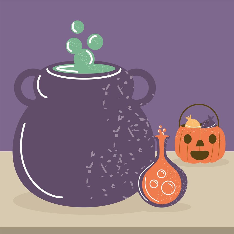 halloween cauldron and pumpkin vector