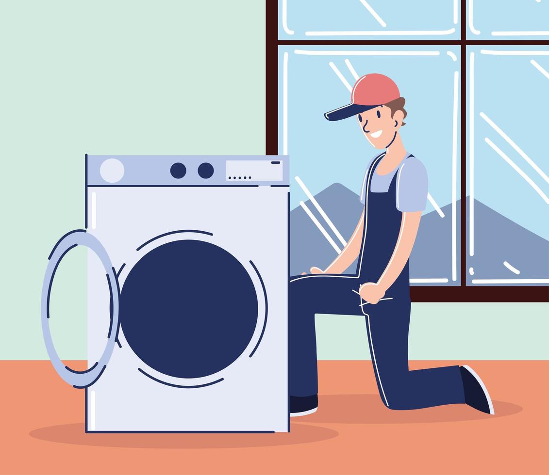 worker repair washing machine vector