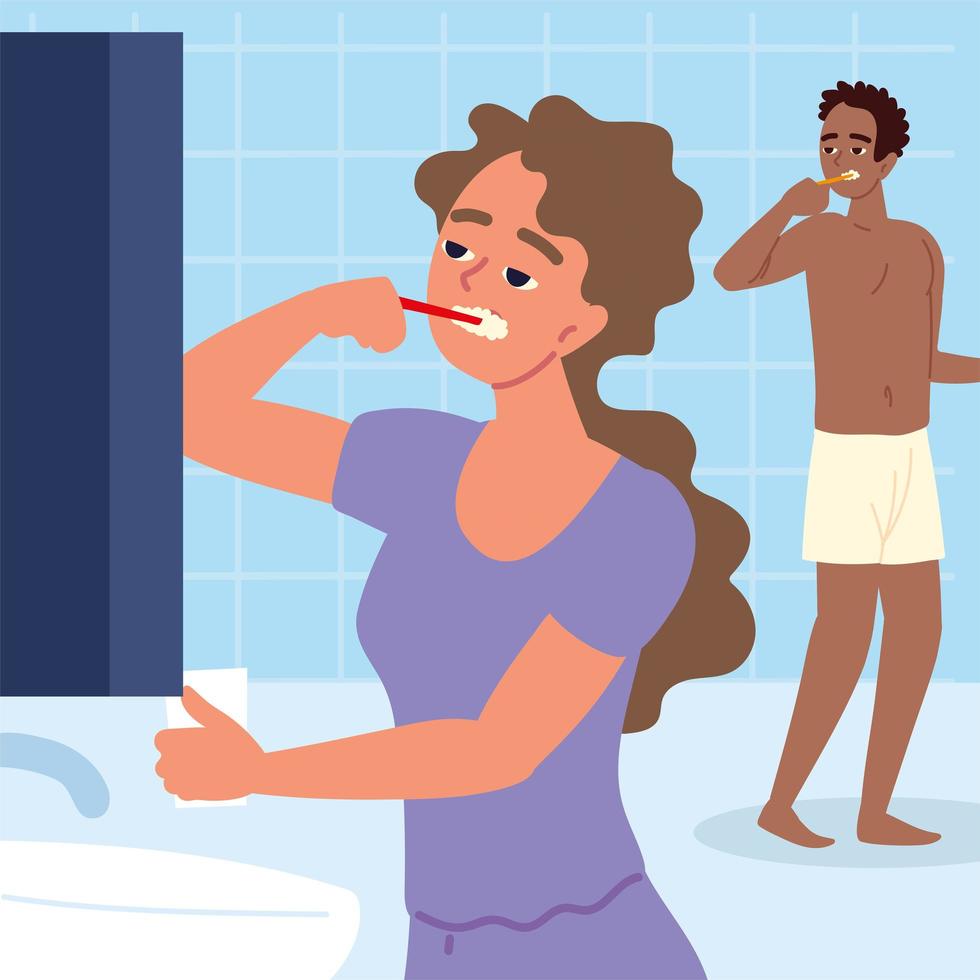 couple brushing teeth vector
