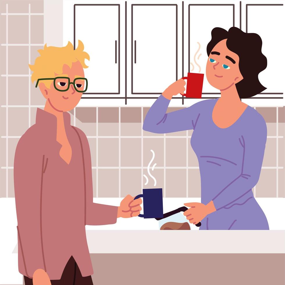 couple with cups of coffee vector