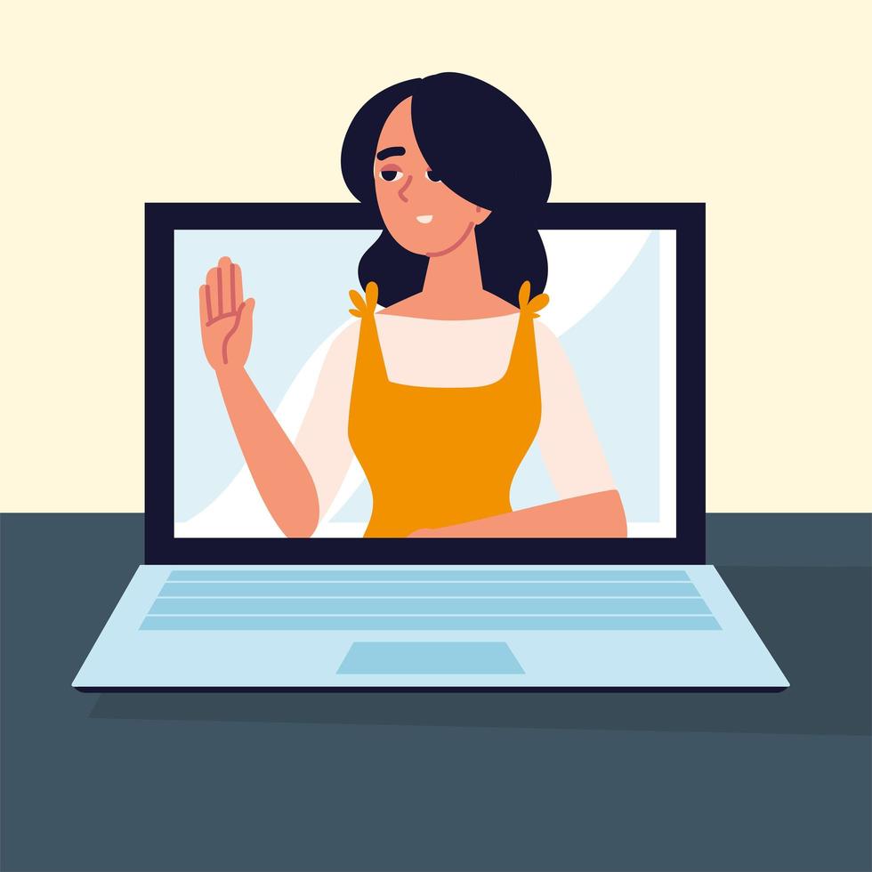 mujer hablar en videollamada en la computadora portátil vector