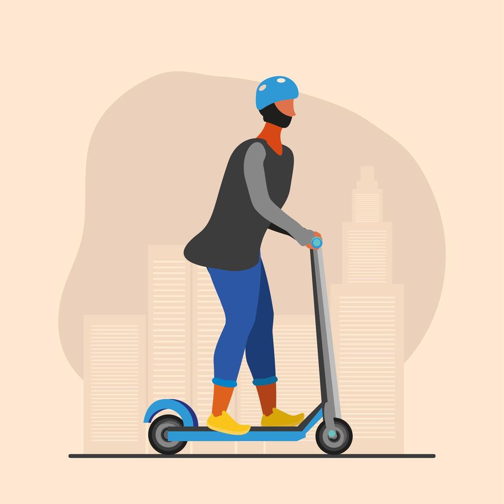 guy riding kick scooter vector