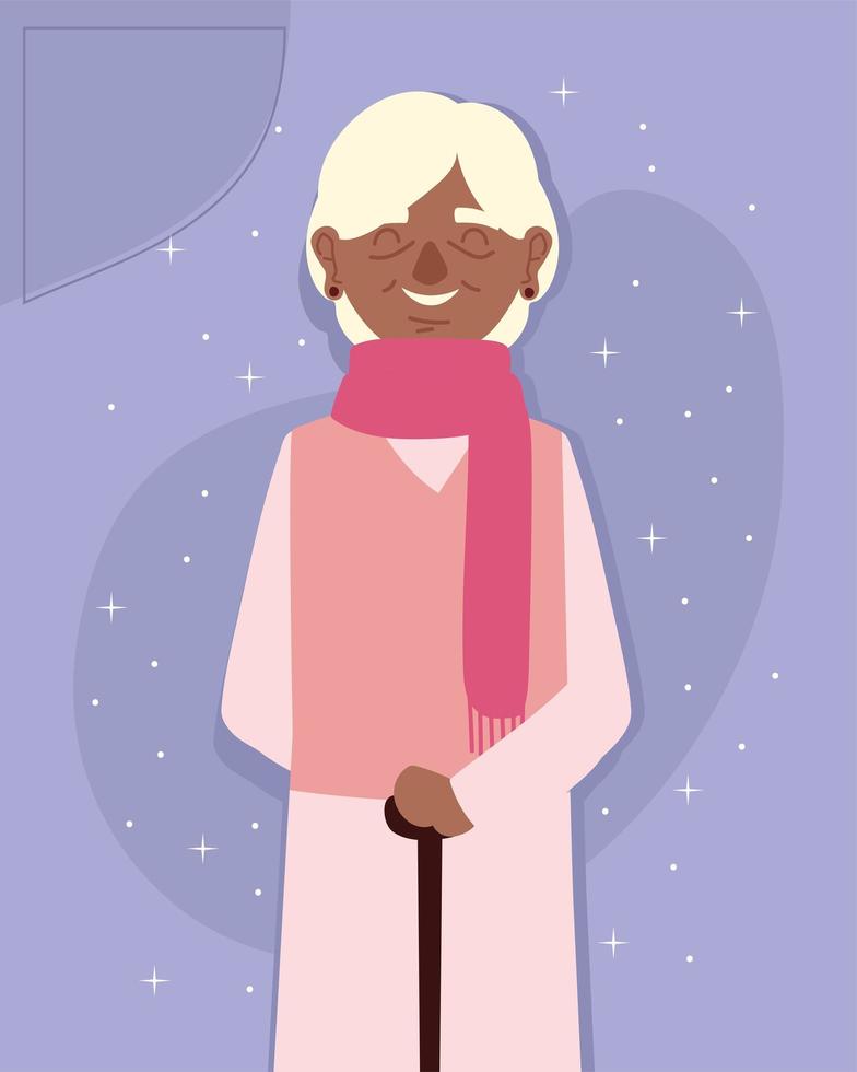 granny with scarf and walk stick vector