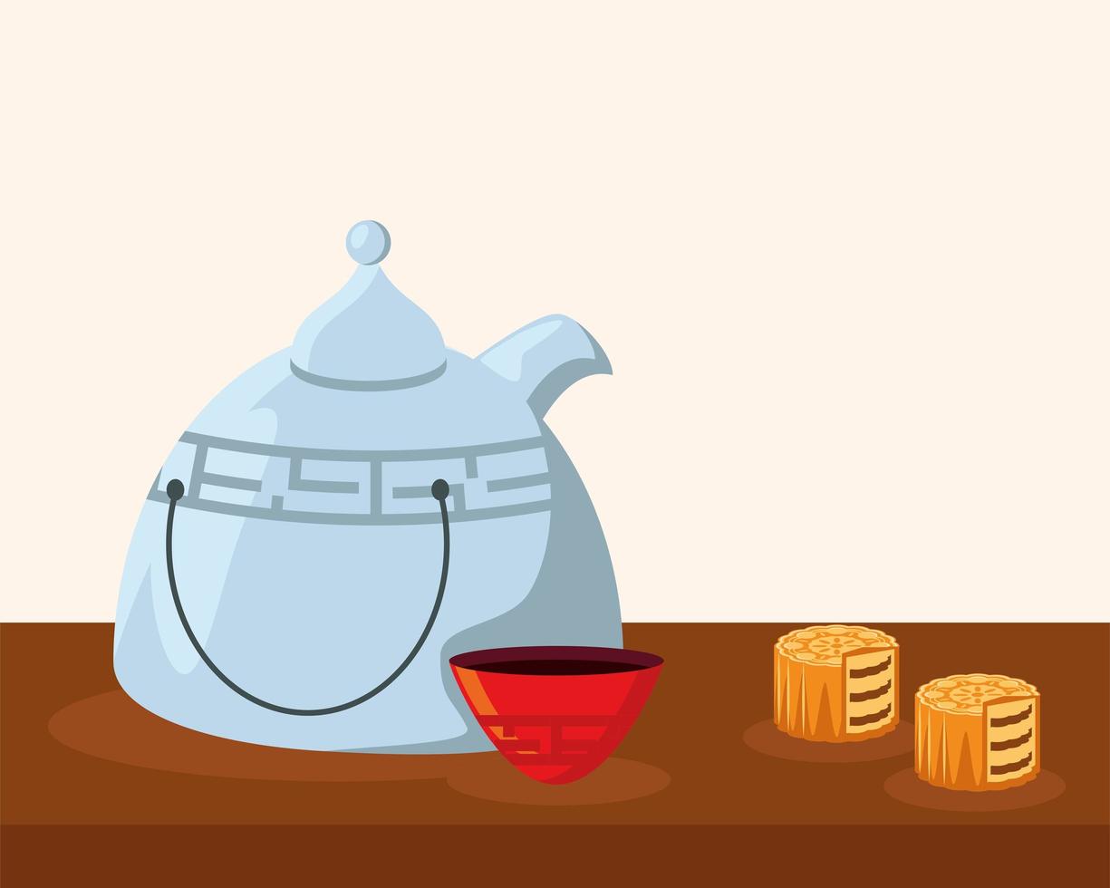 chinese teapot and mooncake vector