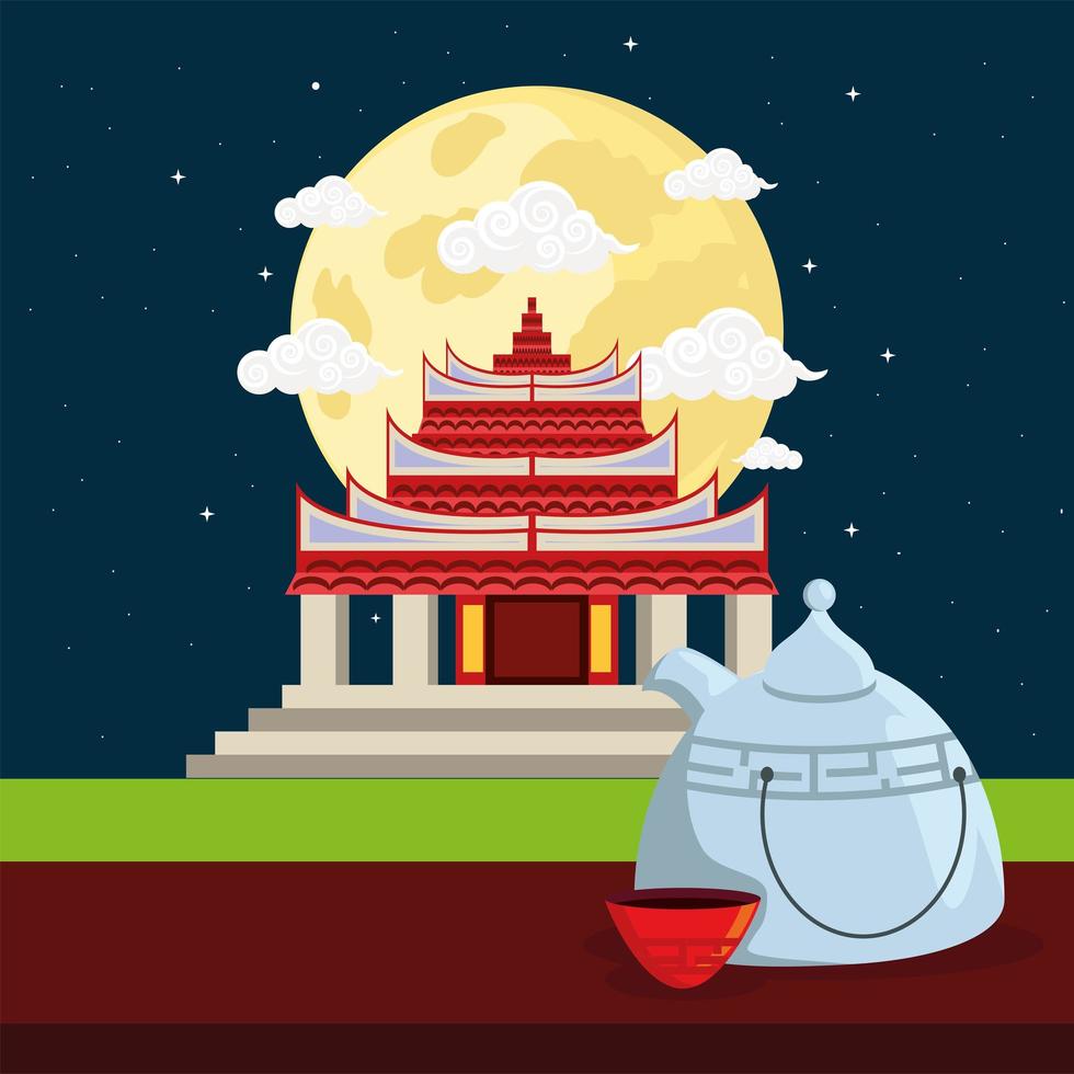 chinese temple and teapot vector