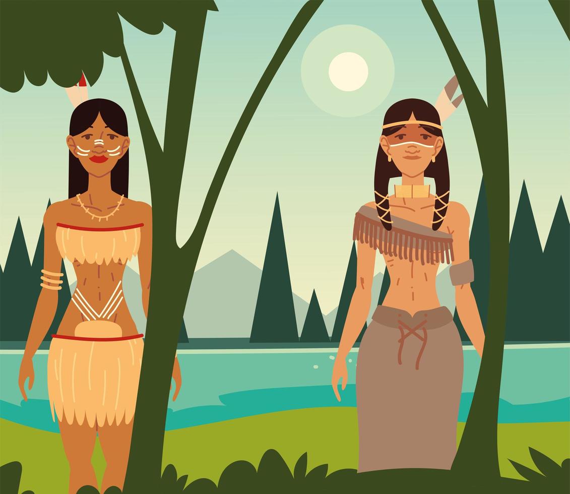 mujeres indigenas en el bosque vector