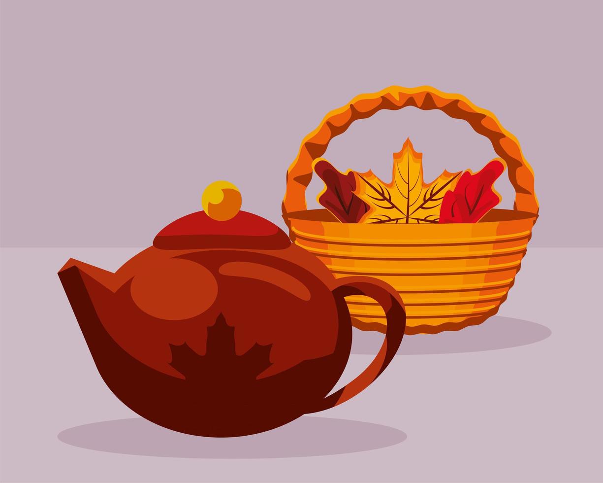 teapot and basket with leaves vector