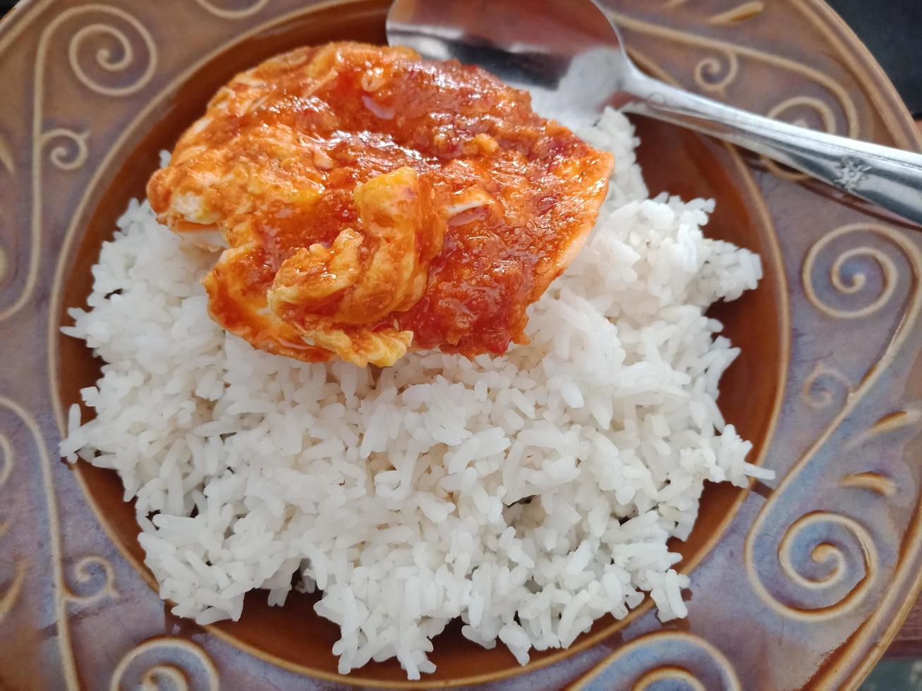 Top view landscape a plate of rice and fried egg photo