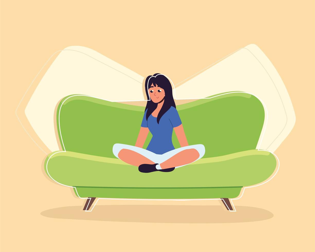 woman meditating on the couch vector