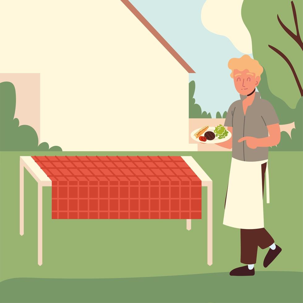 guy with barbecue at backyard vector