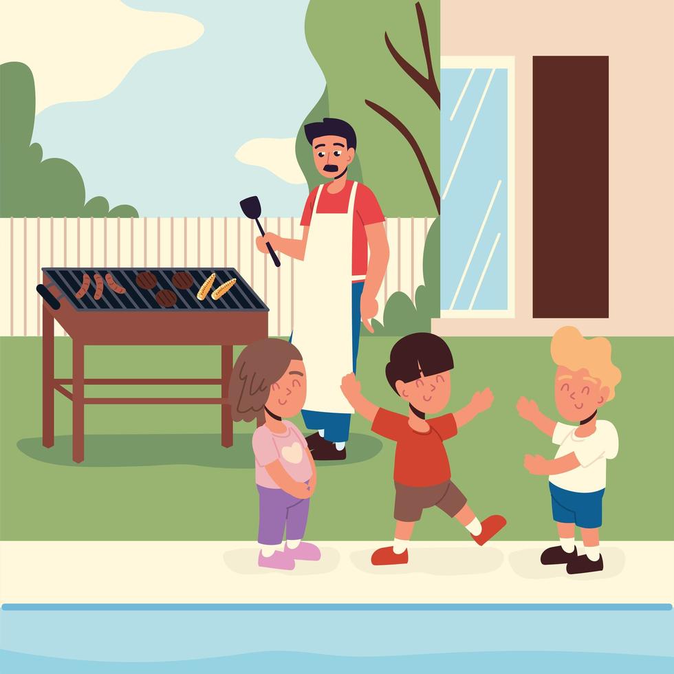 hombre con niños en barbacoa vector