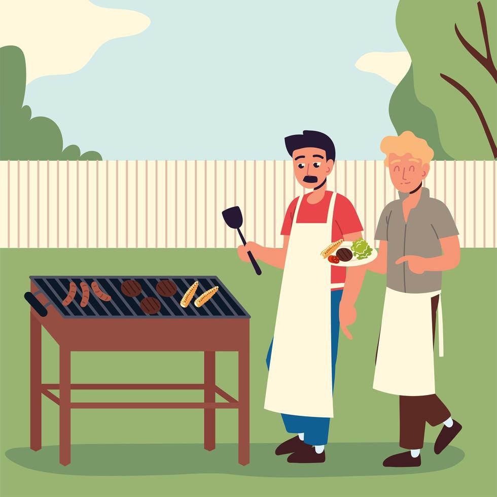 men cooking grill meat vector