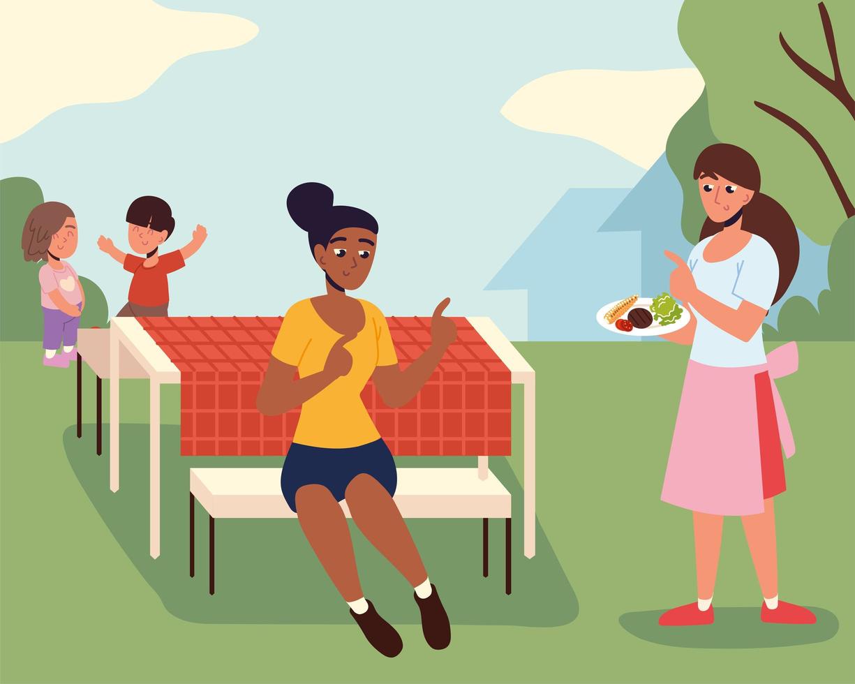 women and kids backyard vector