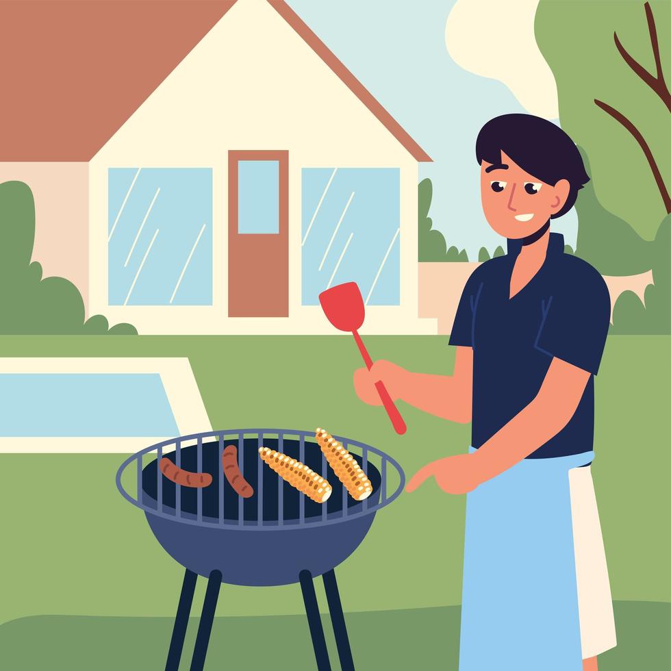 man cooking barbecue at backyard vector