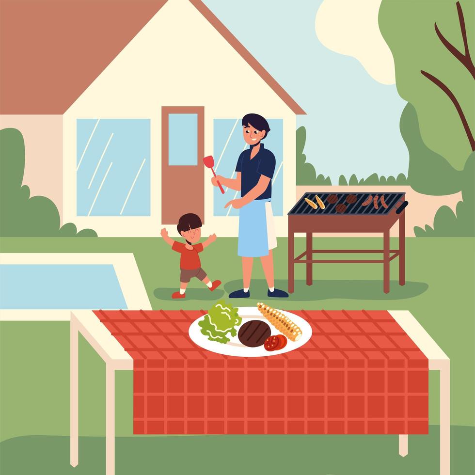 dad and son in house backyard vector