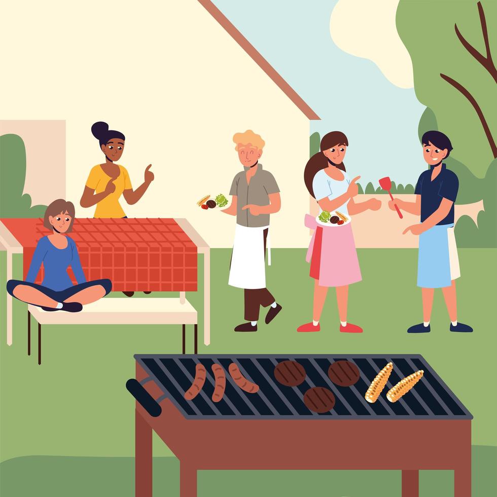 family barbecue party at backyard vector