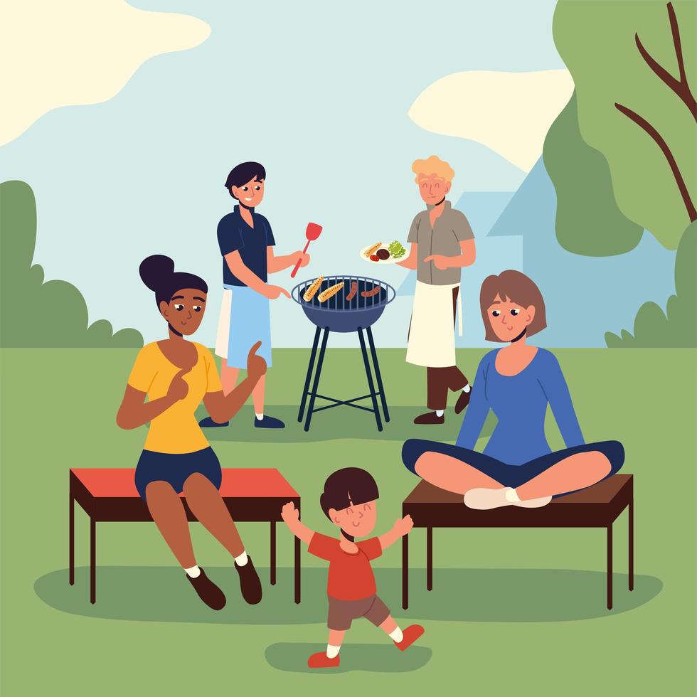 people at barbecue party backyard vector