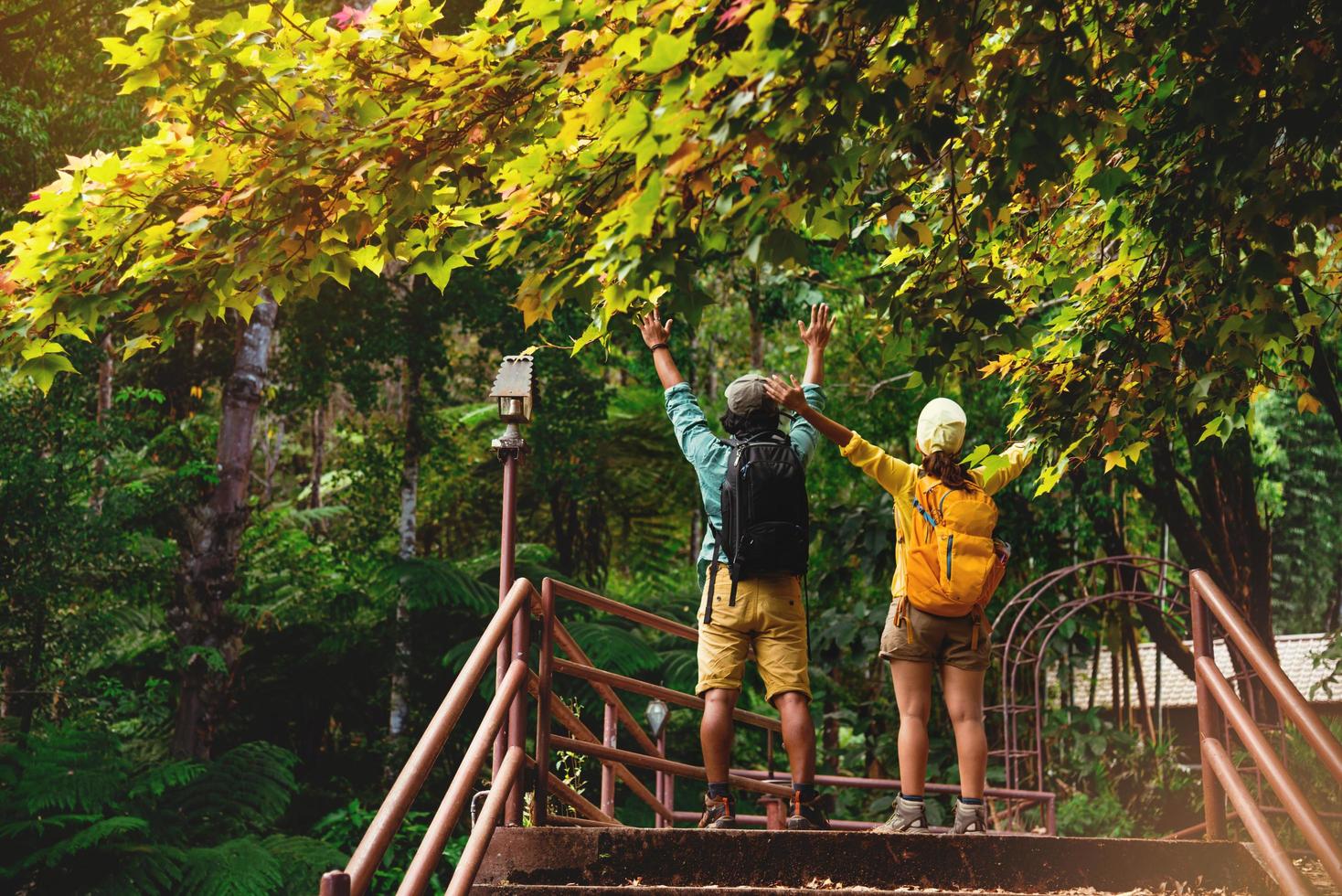 amante mujer y hombre viajes asiáticos nature.travel relax. caminar y estudiar la naturaleza en el bosque. tailandia foto