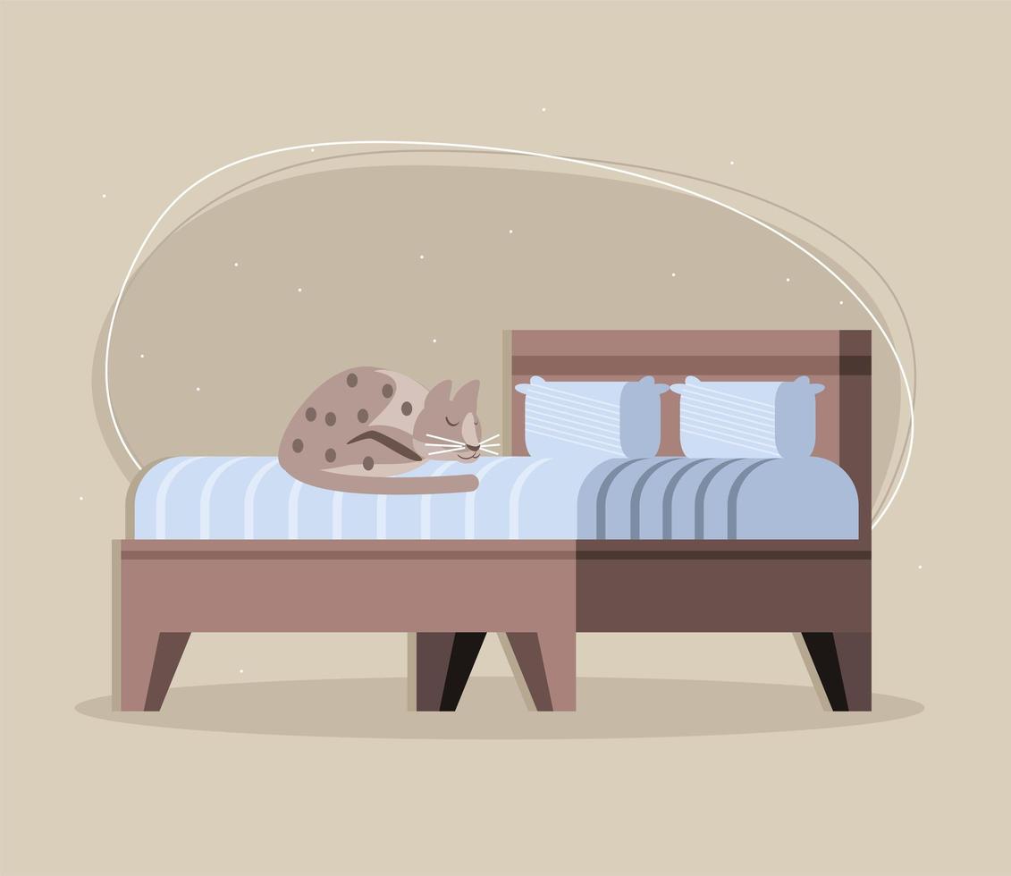 gato en la cama con almohadas vector