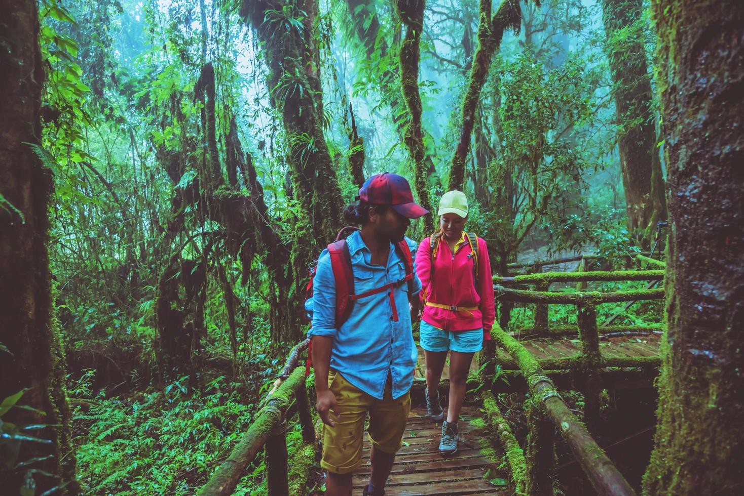 amante del hombre asiático y las mujeres asiáticas viajan por la naturaleza. estudio de la naturaleza en la selva tropical de chiangmai en tailandia. foto