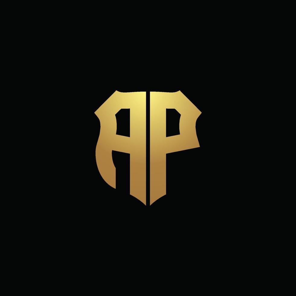 AP logo monogram with gold colors and shield shape design template vector