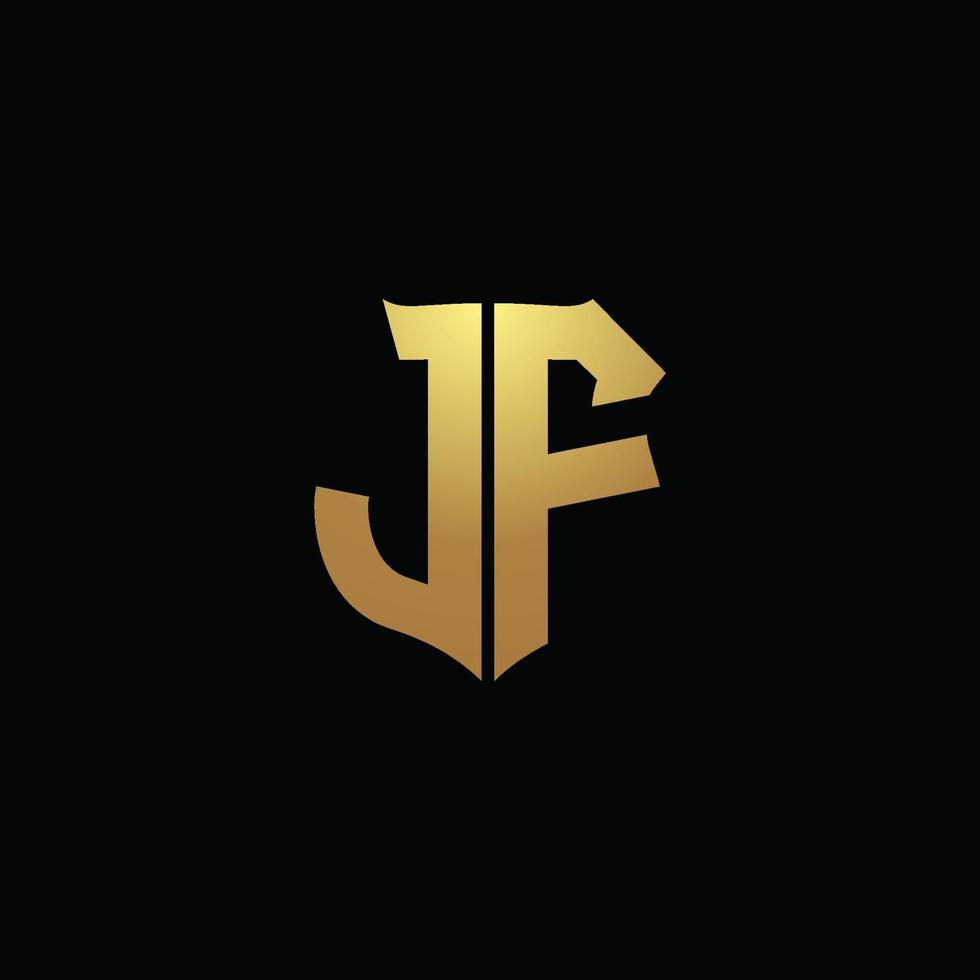 Monograma del logotipo de JF con colores dorados y plantilla de diseño de forma de escudo vector