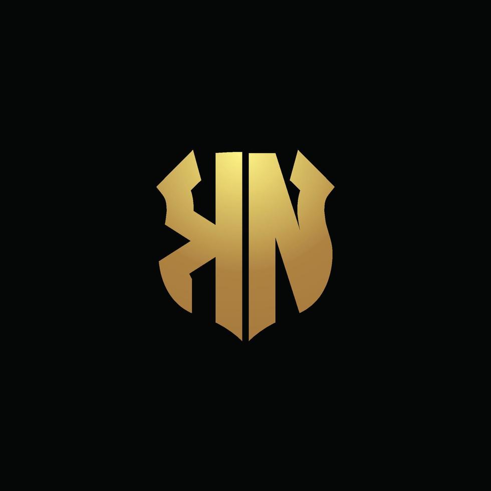 monograma del logotipo de kn con colores dorados y plantilla de diseño de forma de escudo vector