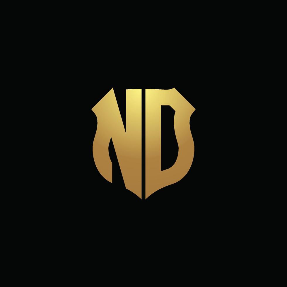 Nd logo monograma con colores dorados y plantilla de diseño de forma de escudo vector