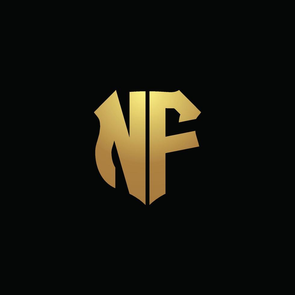 monograma del logotipo de nf con colores dorados y plantilla de diseño de forma de escudo vector