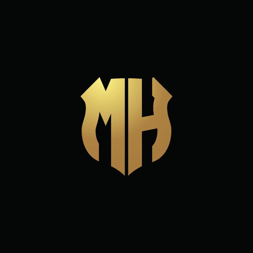 MH logo monogram with gold colors and shield shape design template vector