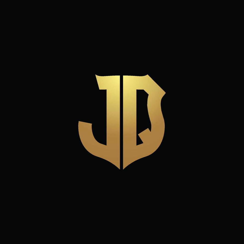monograma del logotipo de jq con colores dorados y plantilla de diseño de forma de escudo vector