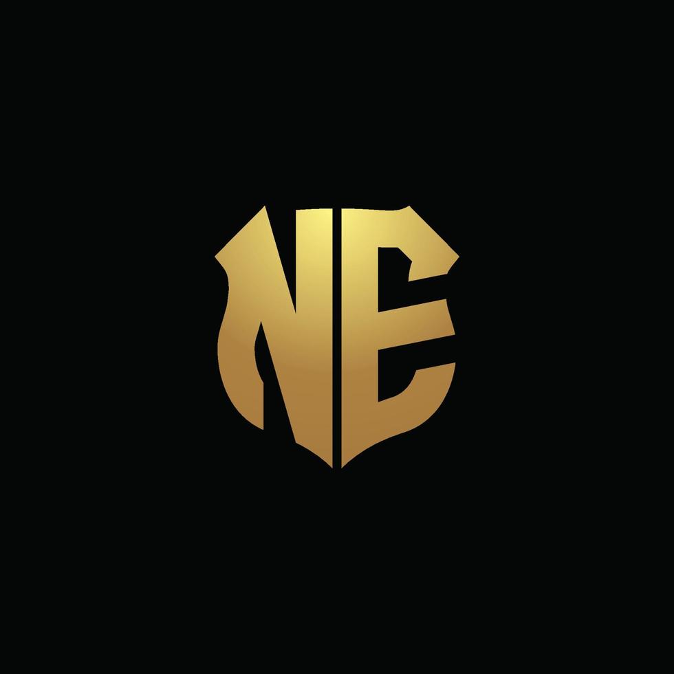 NE logo monogram with gold colors and shield shape design template vector