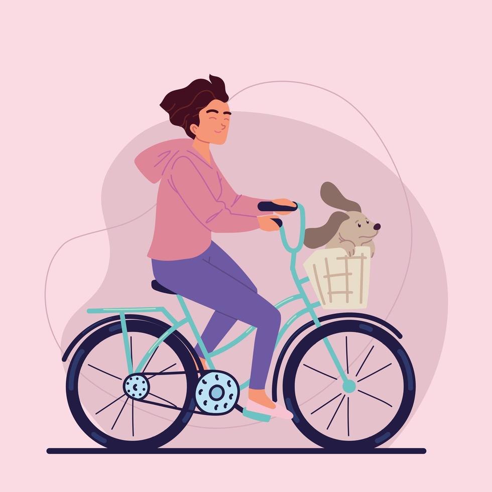 mujer en bicicleta con perro vector