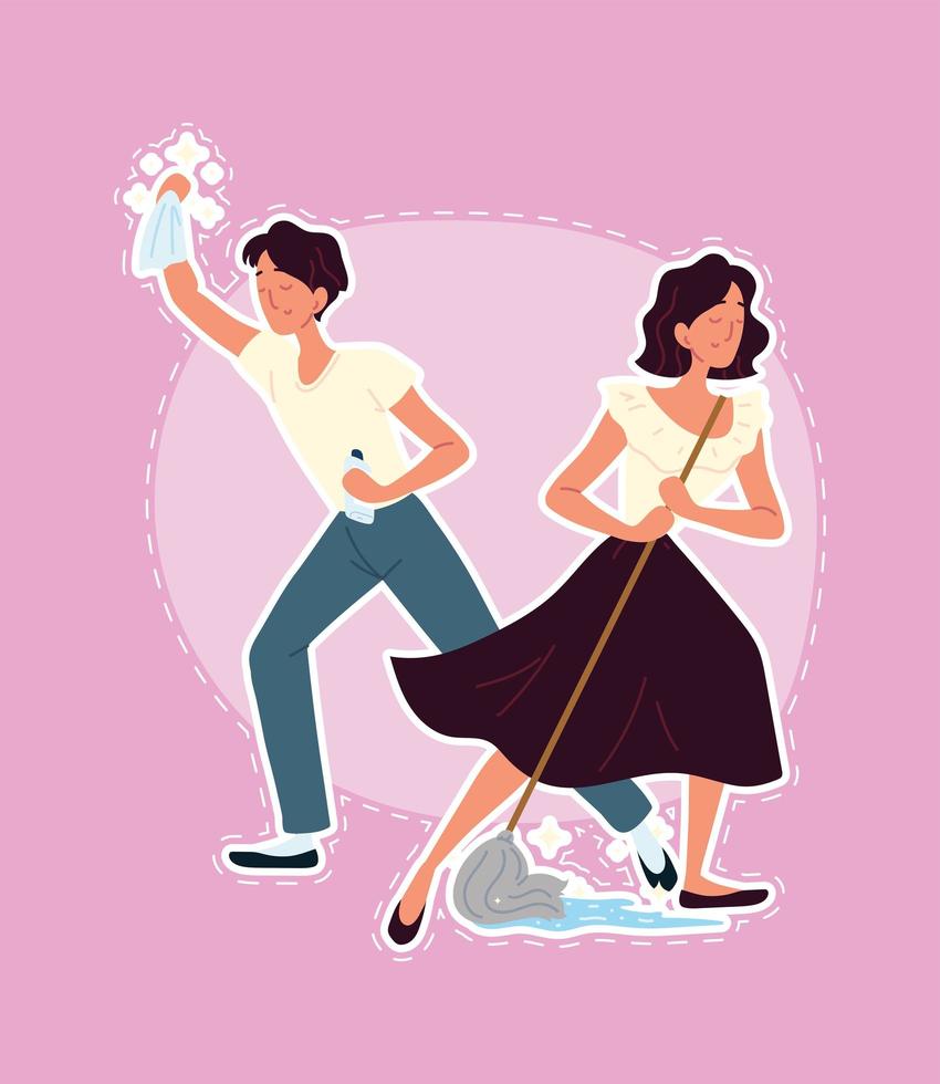 woman man cleaning floor vector