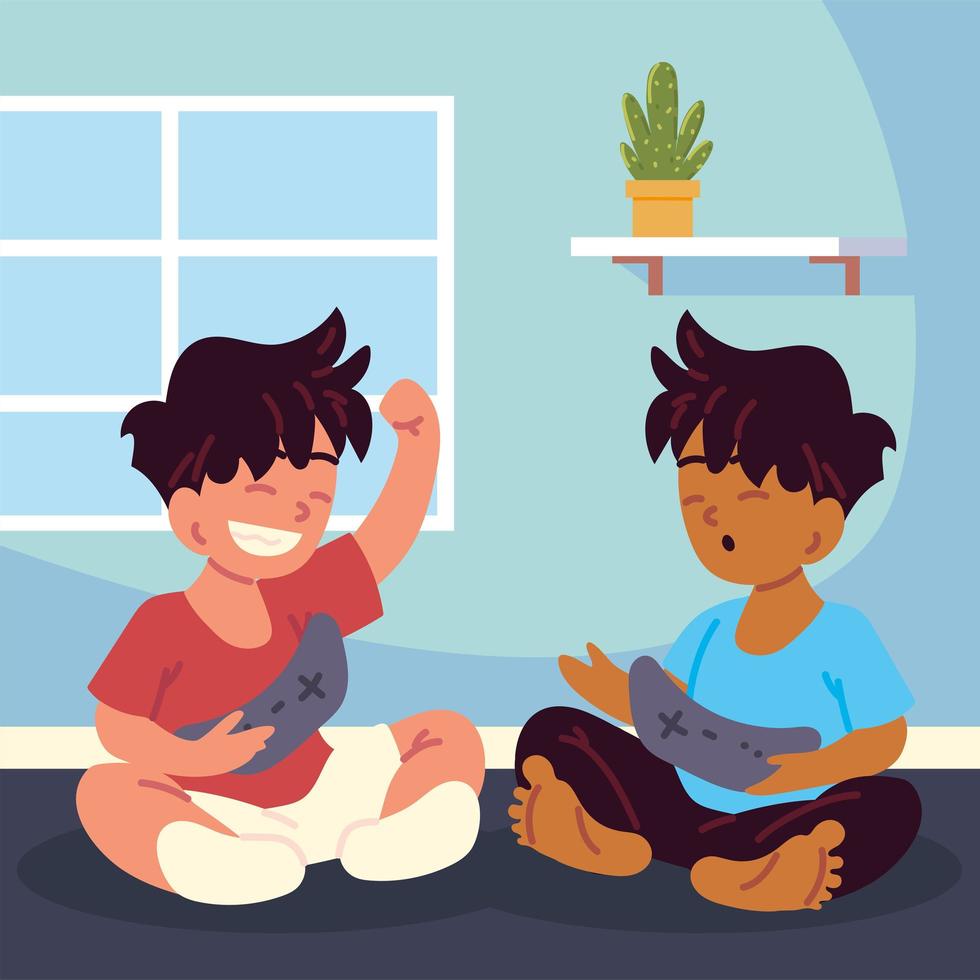 boys sitting with gamepad vector