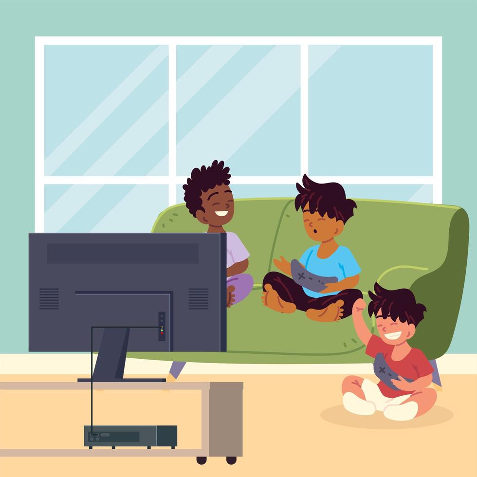 boy at home playing video games vector
