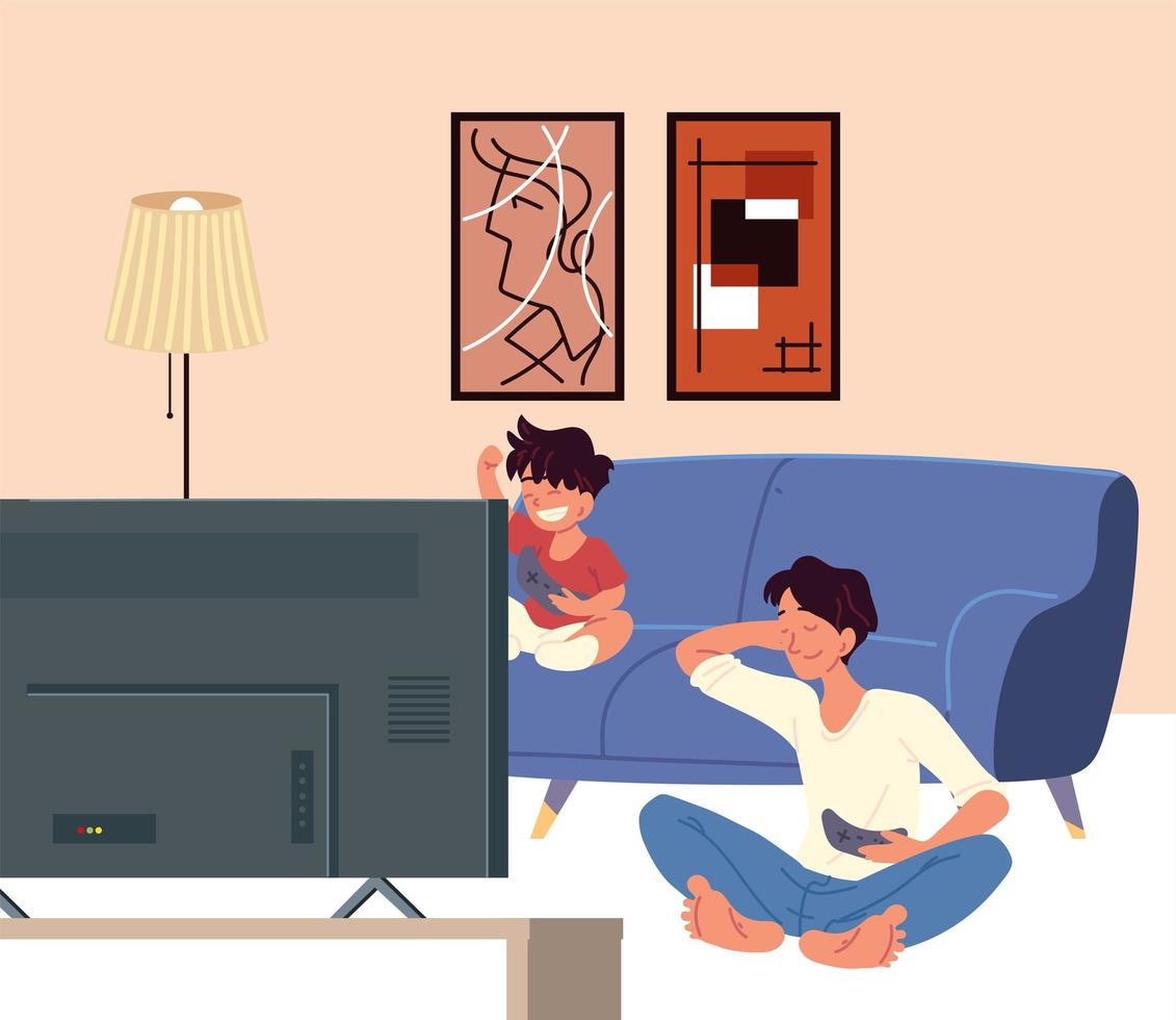 father and son playing video games vector