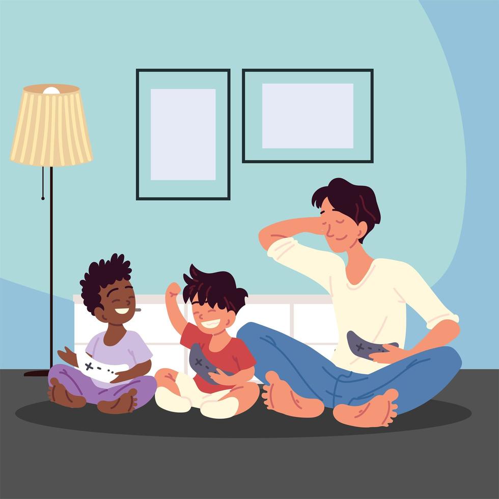 man and boys with gamepad vector