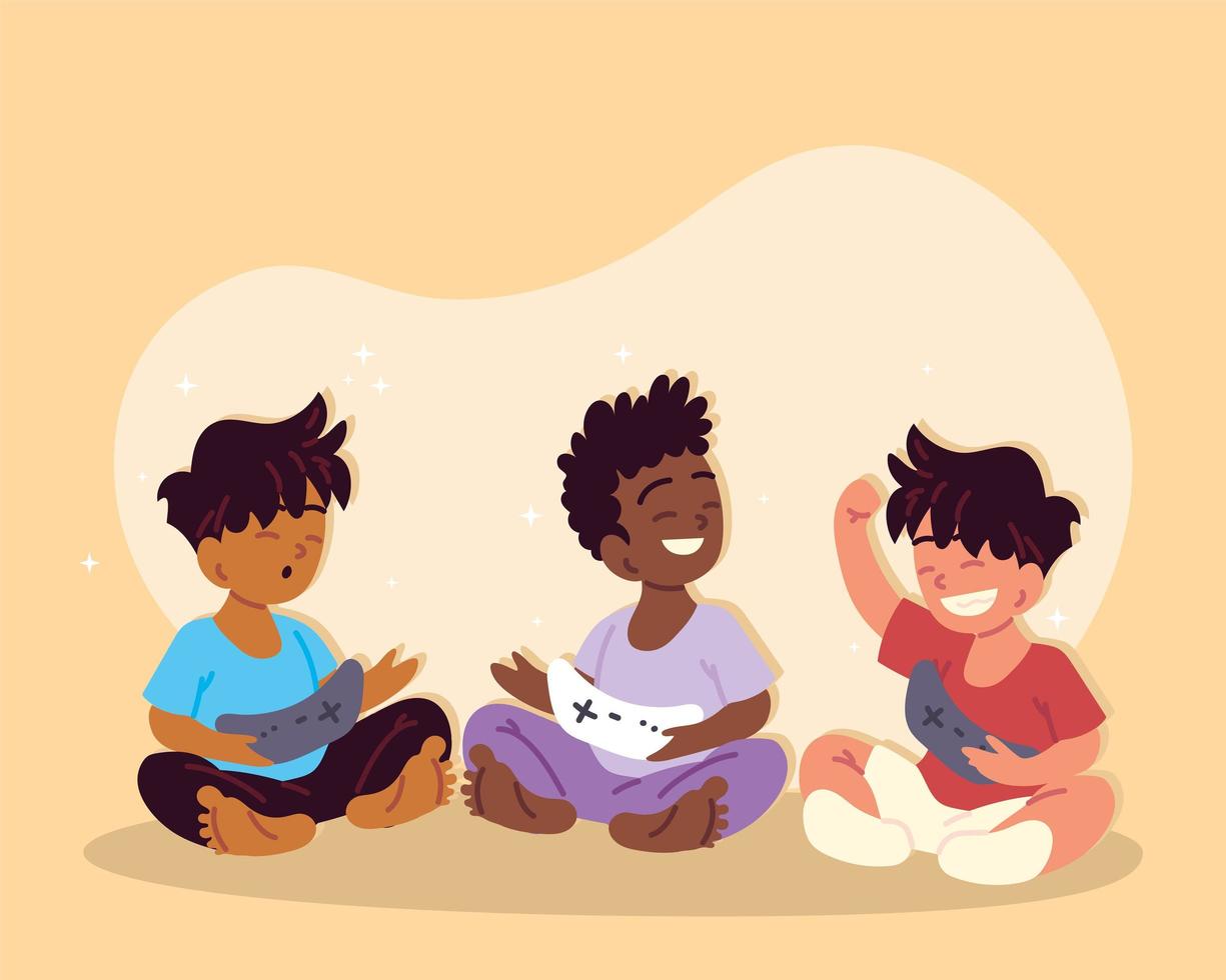 happy kids with control video game vector