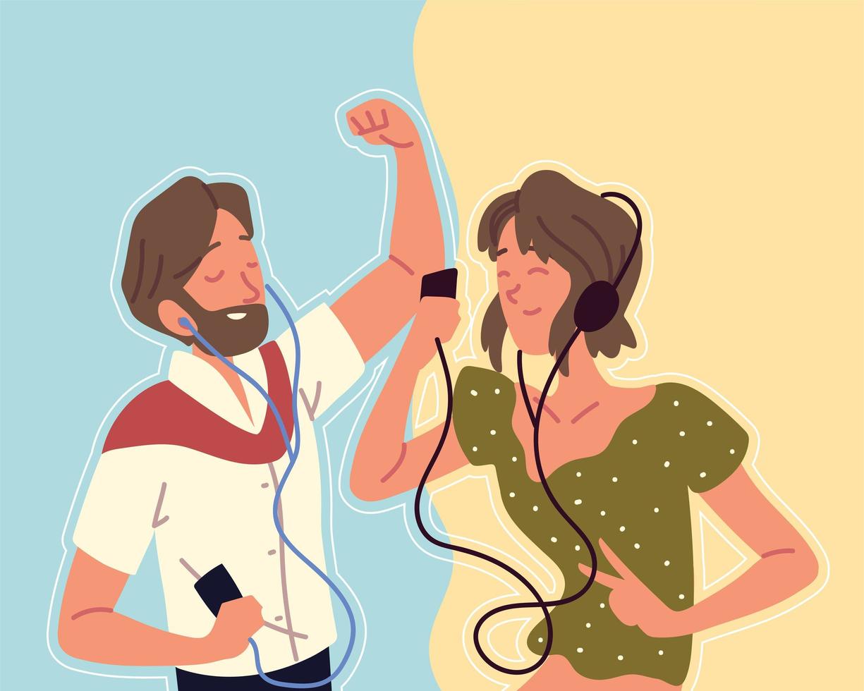 man and woman using headphone vector
