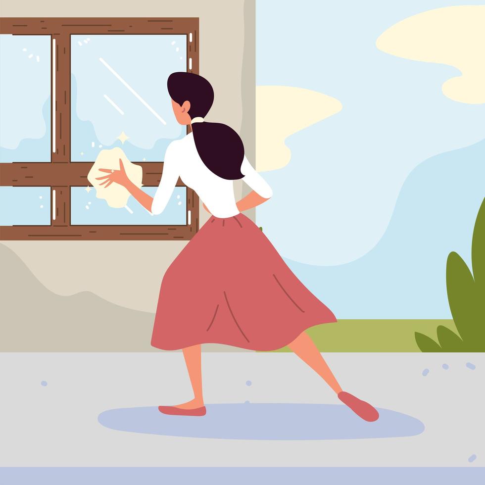 woman cleaning window vector
