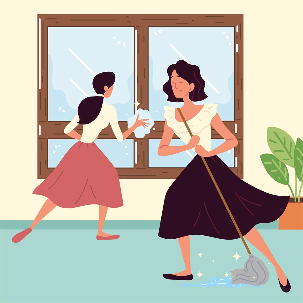 women cleaning housework vector