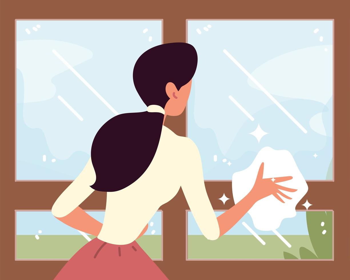 housewife cleaning window vector