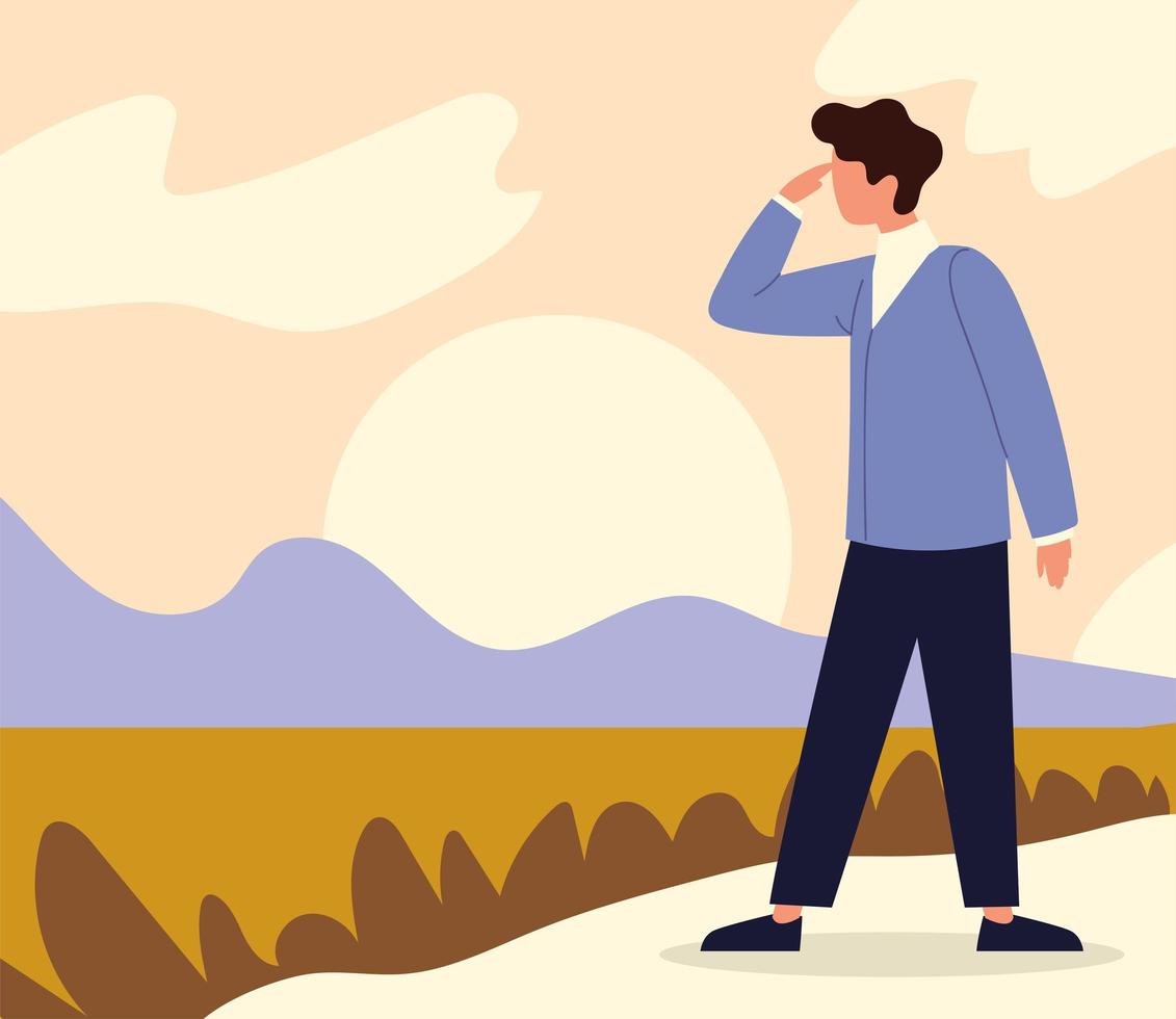 man looking away on mountain vector