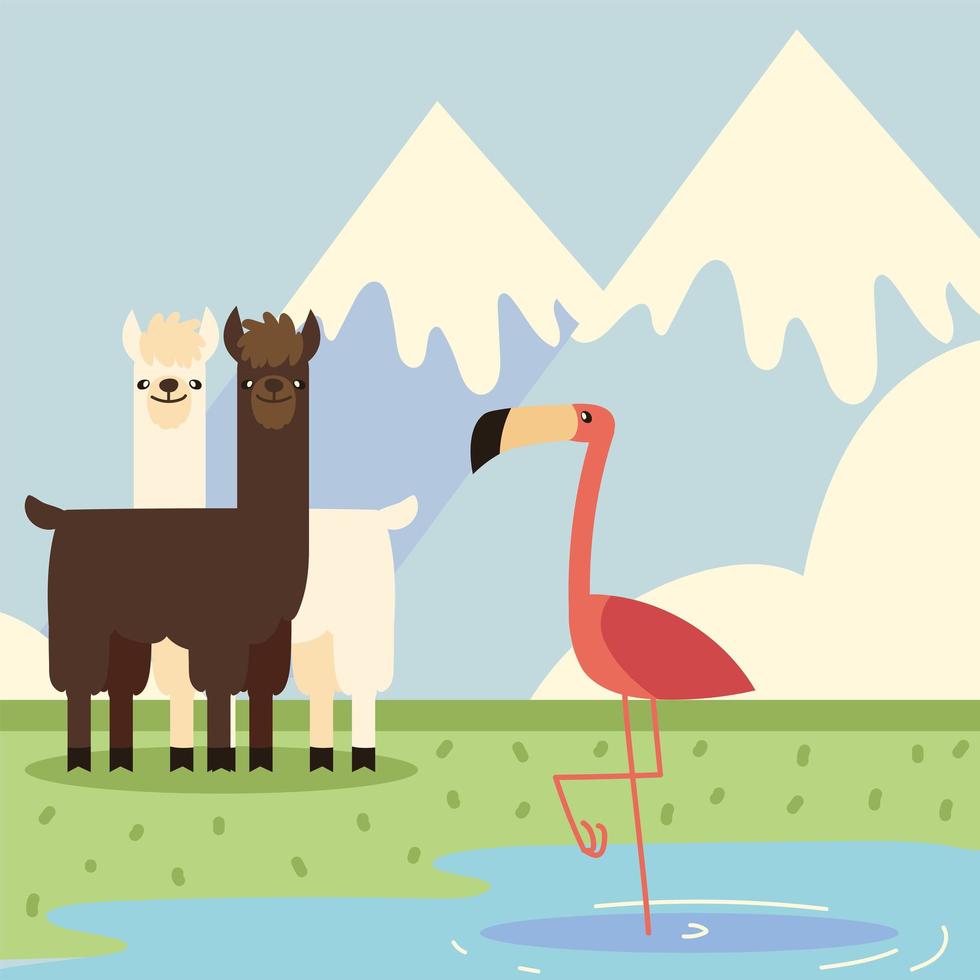 llamas and flamingo vector