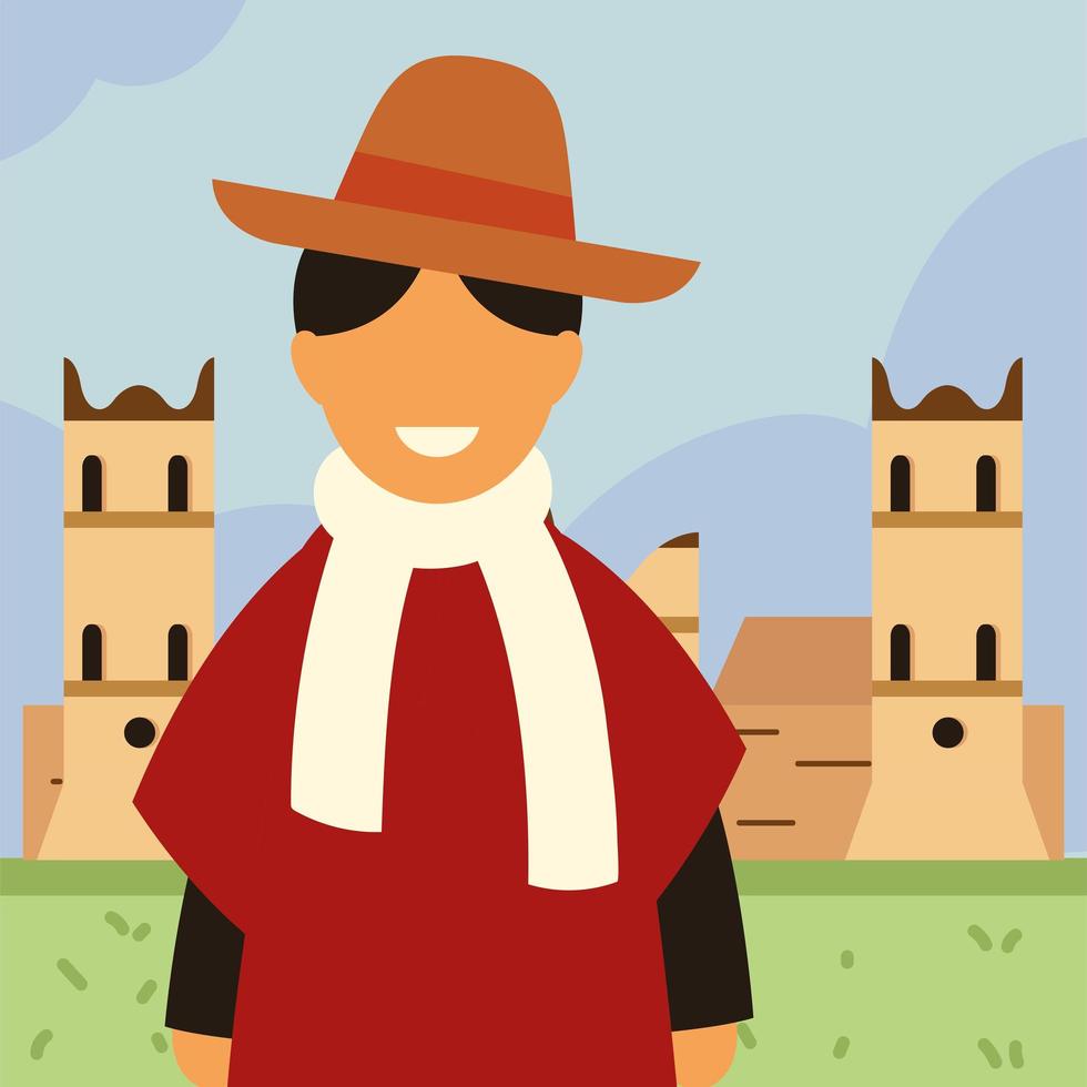 man and church in bolivia vector