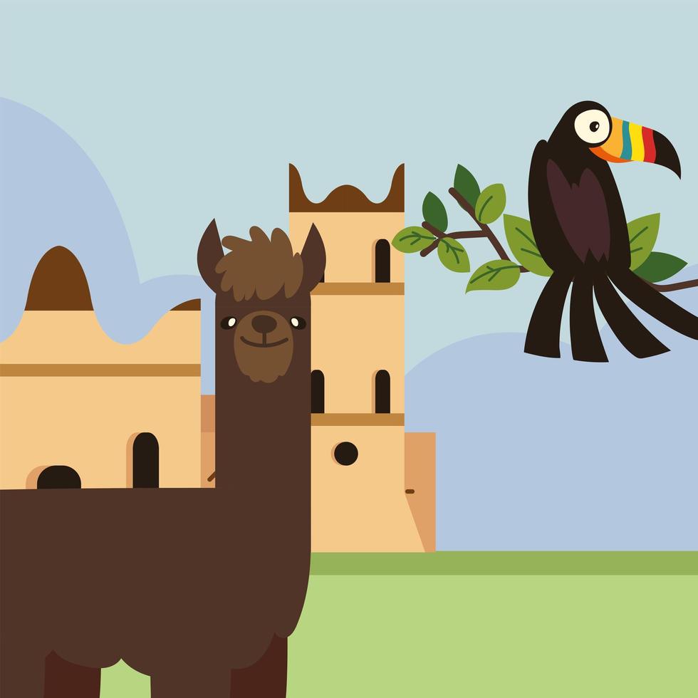toucan, llama and church in bolivia vector